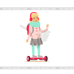 Little Girl With Backpack Riding Electric - vector clipart / vector image