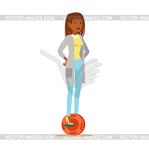 Woman In Cardigan And Jeans Riding Electric - vector image