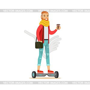 Hipster With Coffee Paper Cup Riding Electric - vector image