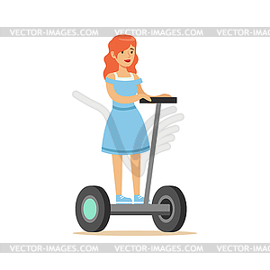 Redhead Girl In Blue Dress Riding Electric - vector clip art