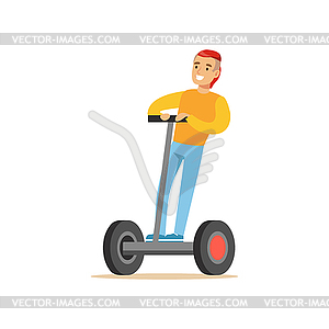 Парень с прохладной Стрижка в желтый свитер езда - векторный рисунок