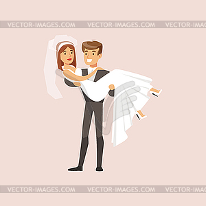 Newlyweds, Husband Holding Wife In Arms At Wedding - vector image