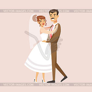 Old-school Newlyweds Dancing At Wedding Party Scene - vector image