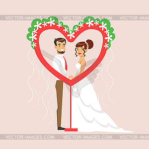 Newlyweds Posing In Heart-Shaped Frame At Wedding - vector image