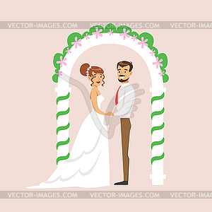 Newlyweds Standing At Arch Of Altar At Wedding Part - vector image