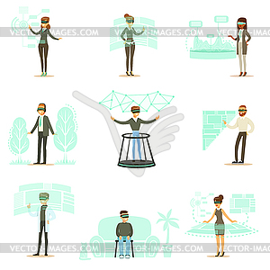 Smiling People Using Virtual Reality Technology - vector clipart