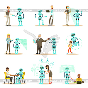 Smiling People And Robot Assistant, Set Of - vector image