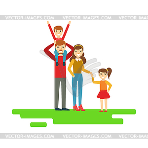 Parents And Kids Holding Hands In Park, Happy Famil - vector image