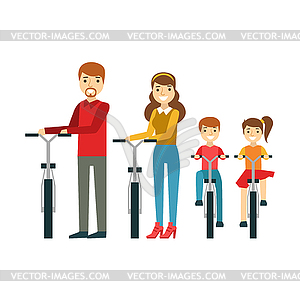 Родители и дети с велосипедами в парке, Happy Famil - клипарт в векторном формате