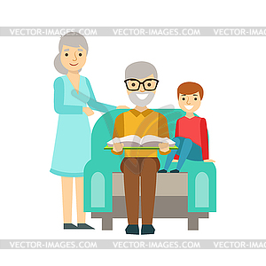 Grandparents And Boy Reading Book, Happy Family - vector image