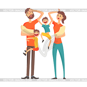 Tired Young Parents With two Babies And Two Older - royalty-free vector clipart