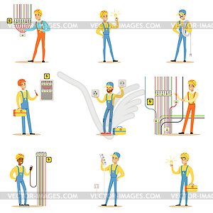 Electrician Specialist With Electric Wires At Work - vector image