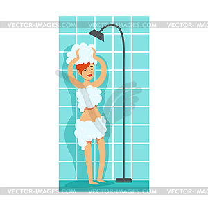 Girl Covered In Foam Taking Shower, Part Of People - vector image
