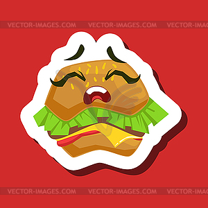 Upset Burger Sandwich, Cute Emoji Sticker On Red - vector image