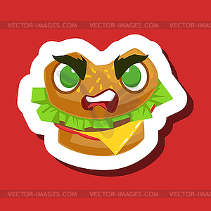 Angry Burger Sandwich, Cute Emoji Sticker On Red - vector clipart