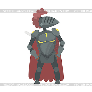 Knight With Burgundy Cape And Plumage Fairy Tale - vector image