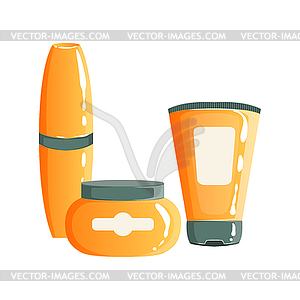 Cream, Gel And Maskara In Orange Plastic Containers - vector clipart / vector image