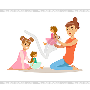 Mom And Daughter Playing Dolls, Loving Mother - vector image