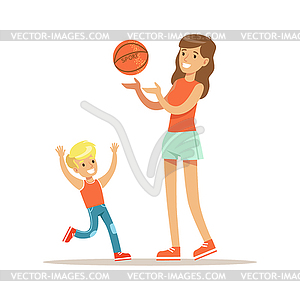 Mom And Son Playing Basketball, Loving Mother - vector clipart