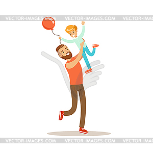 Dad Throwing Son In Air, Loving Father Enjoying Goo - vector clip art