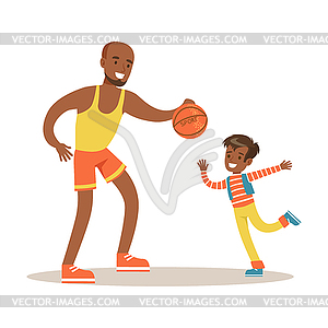 Dad Paying Basketball With Son, Loving Father - vector image