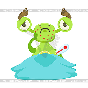 Sick Funny Monster With Fever In Bed, Green Alien - vector clipart / vector image Sick Funny Monster With Fever In Bed, Green Alien - vector clipart / vector image