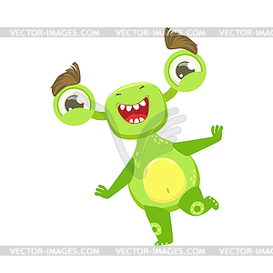 Funny Monster Dancing And Smiling, Green Alien Emoj - vector clipart