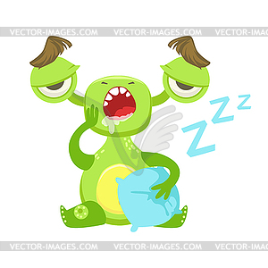Sleepy Funny Monster Yawning WIth Pillow, Green - vector clip art