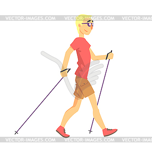 Blond Man In Shades Doing Nordic Walk Outdoors - vector clip art