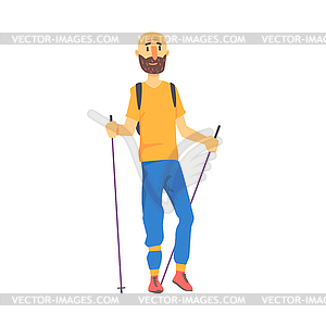 Blond Man In Shades Doing Nordic Walk Outdoors - vector clipart / vector image