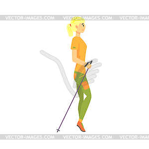 Blond Girl With Ponytail Doing Nordic Walk Outdoors - vector clipart