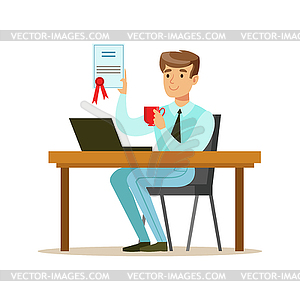 Man Drinking Coffee With Finished Signed Contract, - vector image