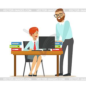 Woman Sitting At Her Desk Talking With Male - vector image