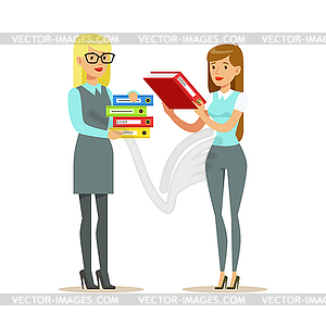 Female Colleagues Sharing Paperwork, Part Of - royalty-free vector image