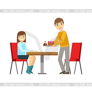 Guy Briniging Cakes To Girl At Table, Smiling Perso - vector image