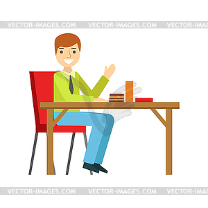 Man Alone At Table Eating Cake, Smiling Person - vector clipart