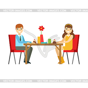Young Couple On Date Eating Cakes, Smiling Person - vector image