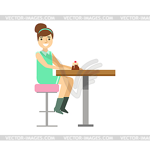 Молодая женщина ест кекс один, улыбка Человек - изображение в векторе / векторный клипарт
