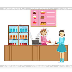 Girl Ordering Cake At Counter, Smiling Person Havin - vector image