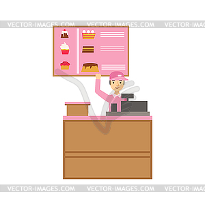 Worker In Pink Uniform With Cash Register And Cake - vector image