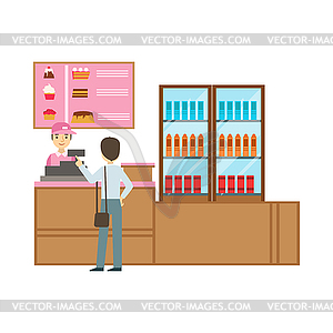 Man Ordering of Cashier In Pink Uniform, Smiling - vector clipart