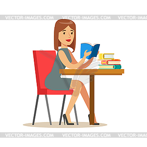 Woman Reading Book At Table, Smiling Person In - vector image