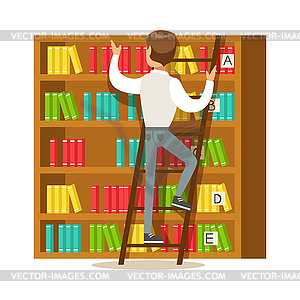 Man With Ladder Searching For Book On Bookshelf, - vector clip art