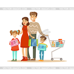 Family Of Four. Colorful With Happy People In - vector image