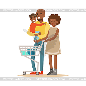 Black Family With Cart Shopping In Department - vector clipart