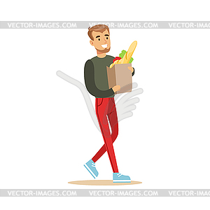 Man With Paper Bag Of Groceries Shopping In - royalty-free vector image