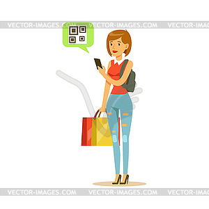 Woman Registering QR Code Shopping In Department - vector clipart