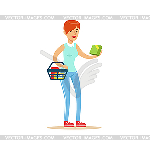 Woman With Basket Shopping In Department Store - vector image