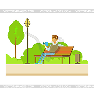 Man Reading Book On Bench, Part Of People In Park - vector clipart