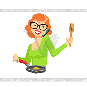 Housewife Chatting On Smartphone While Cooking, Par - vector clipart